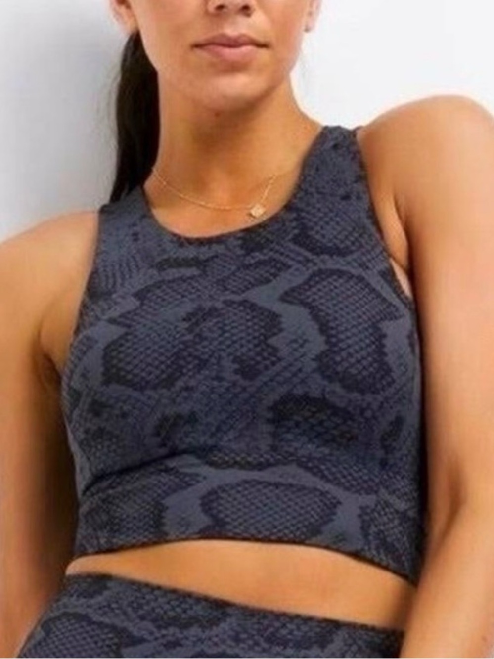 High-Neck Charcoal Snake-Print Racerback Sports Bra for Anthropologie